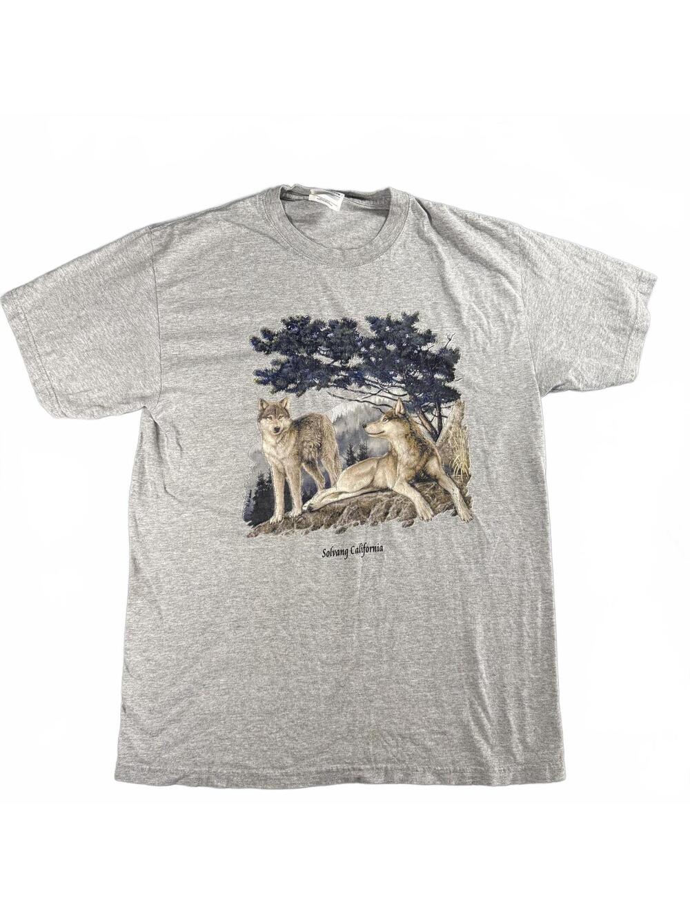 Vintage Y2K Wolf Nature Graphic Tee Solvang California Grey Hanes Heavyweight M